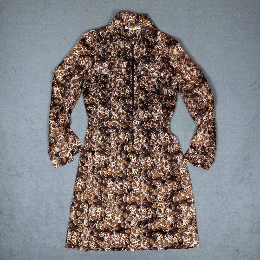 Vintage 70s Whistle Stop Shirt Dress Zip Front Leafβ Print Brown Boho S/M